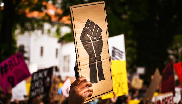 Person Holding Up Sign with Fist at Protest