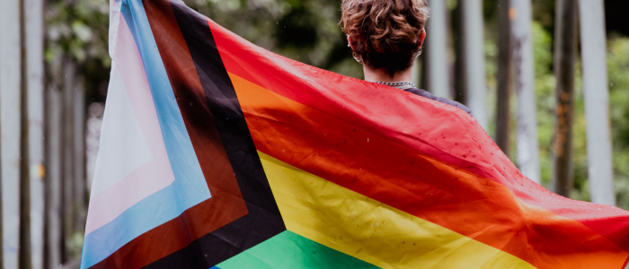 person holding pride flag behind them